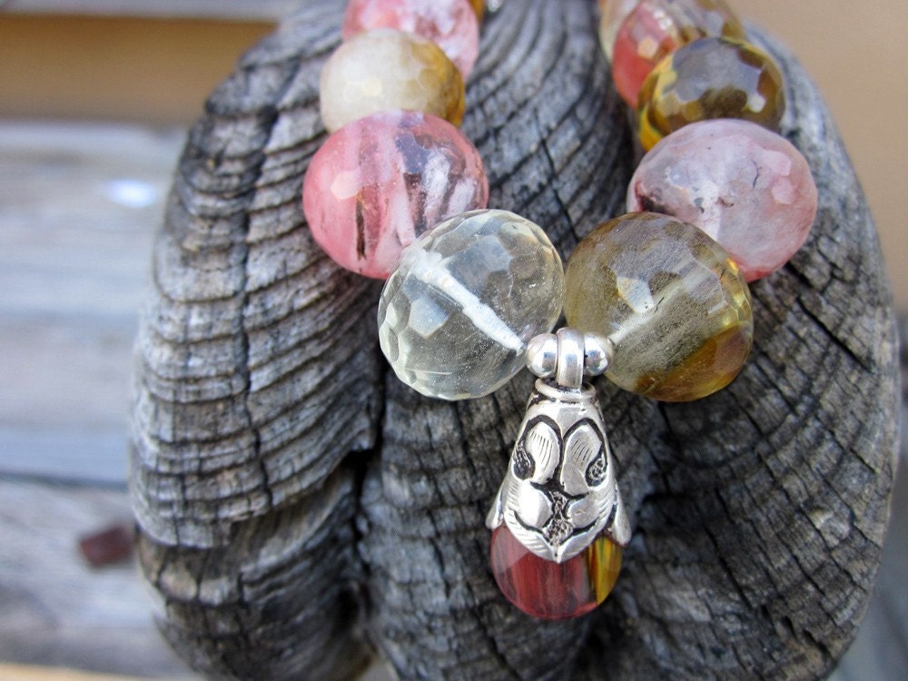 Pink and Chocolate Cherry Quartz and Bali Necklace