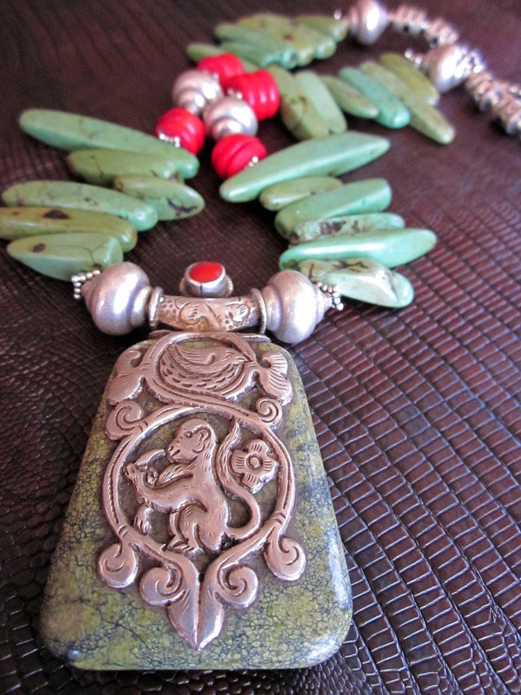 Turquoise and Coral Tibetan Pendant Necklace