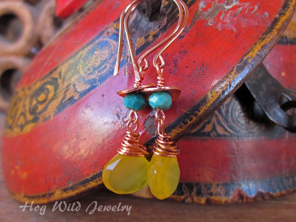 Copper Turquoise Wire Wrapped Chalcedony Dangle Earring