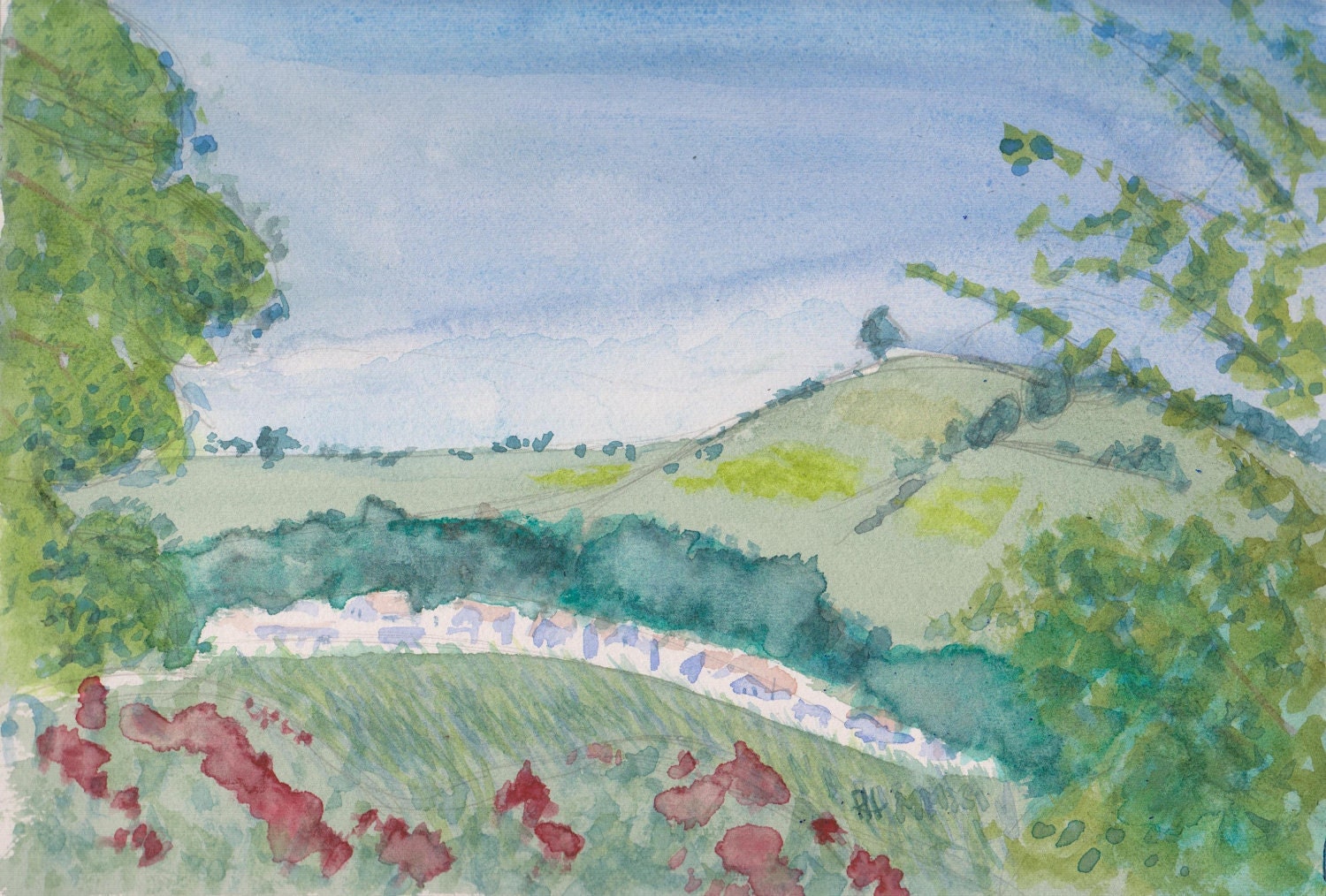Spring Day Valley watercolor landscape print - AzulBlueDragon