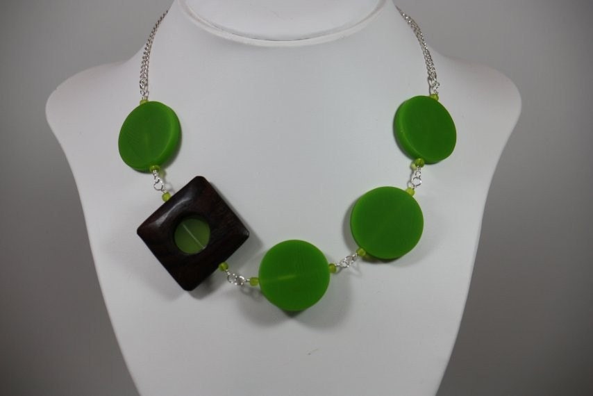 Chunky Asymmetrical Lime Green Resin and Wood Necklace