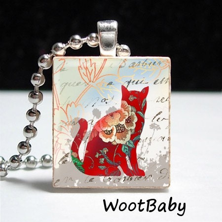 Red Floral Cat - Scrabble Tile - Ball Chain Included - Buy 2 Get 1 Free