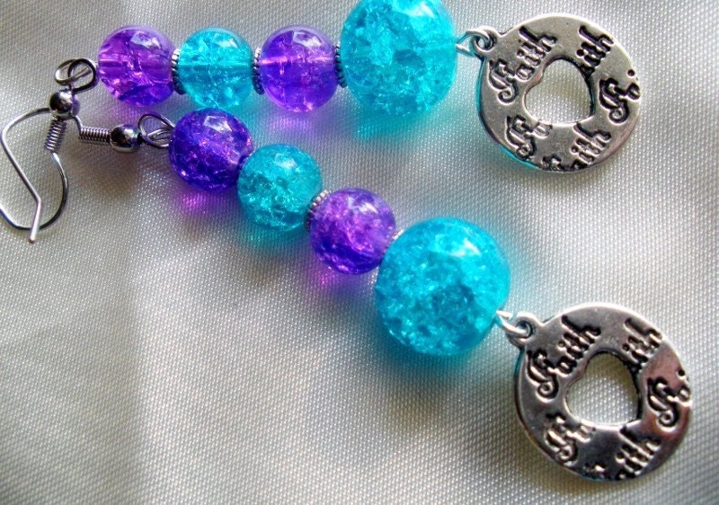 Have Faith Turquoise and Purple Crackle Bead Inspirational Earrings