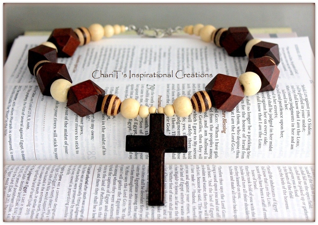 Fabulous Brown Wood beaded Religious Cross Statement Necklace