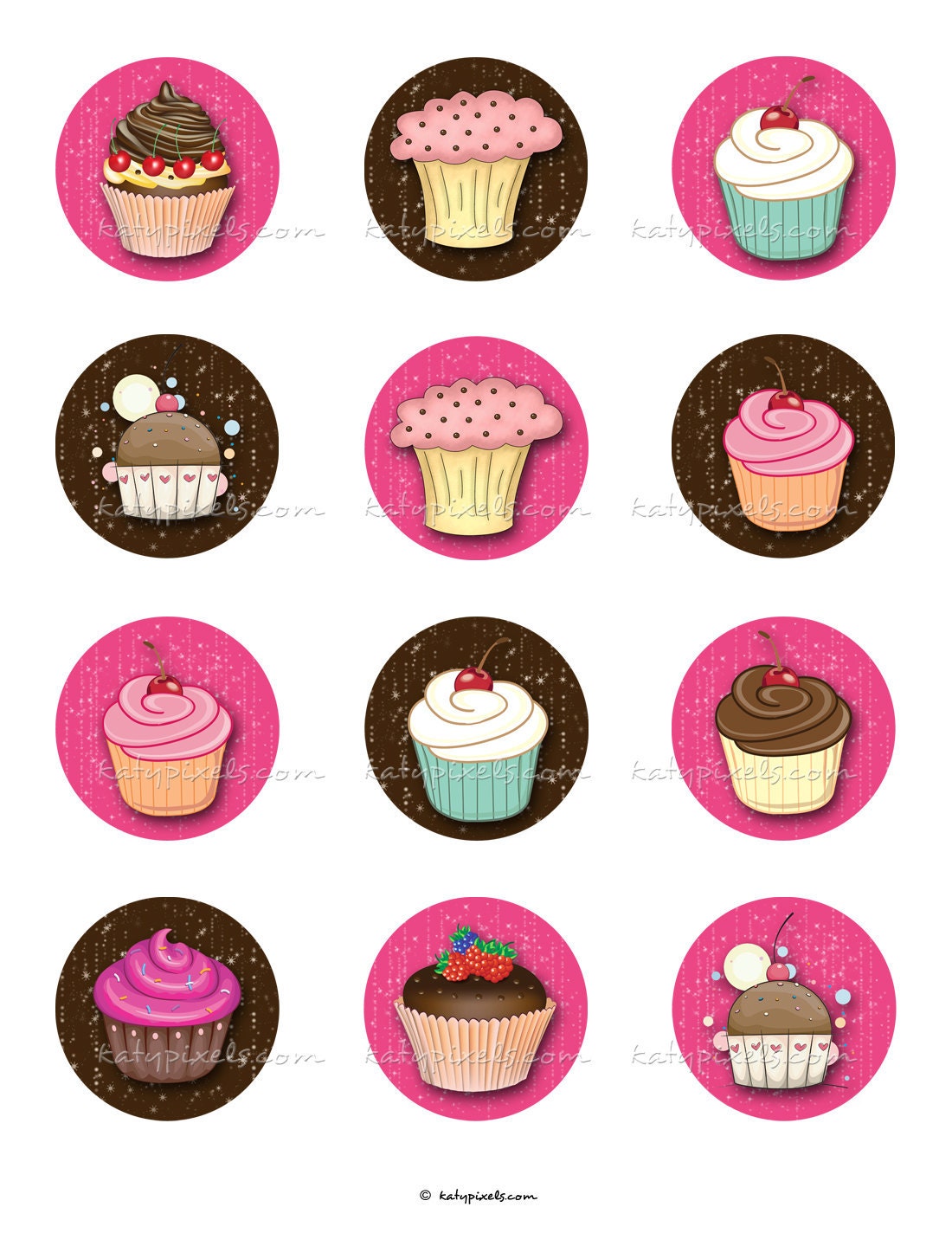 Pink & Brown Sparkle Cupcakes - 2 inch Circles Printable Digital Collage Sheet - Buy 3 Get 1 Free