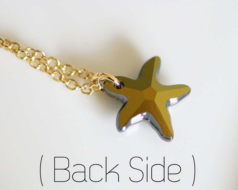Teal & Tobacco Starfish Necklace - Deep Yellow-Green Blue Bronze Crystal Pendant