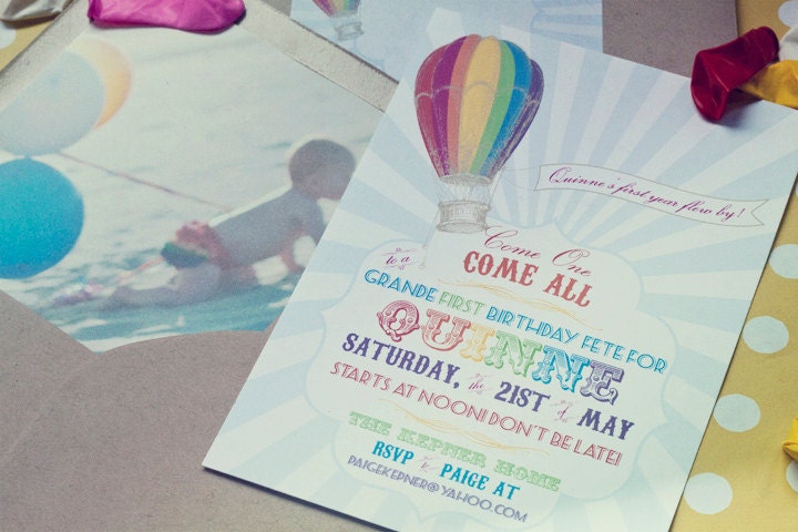 Rainbow Hot Air Balloon Birthday Invitation- Printable