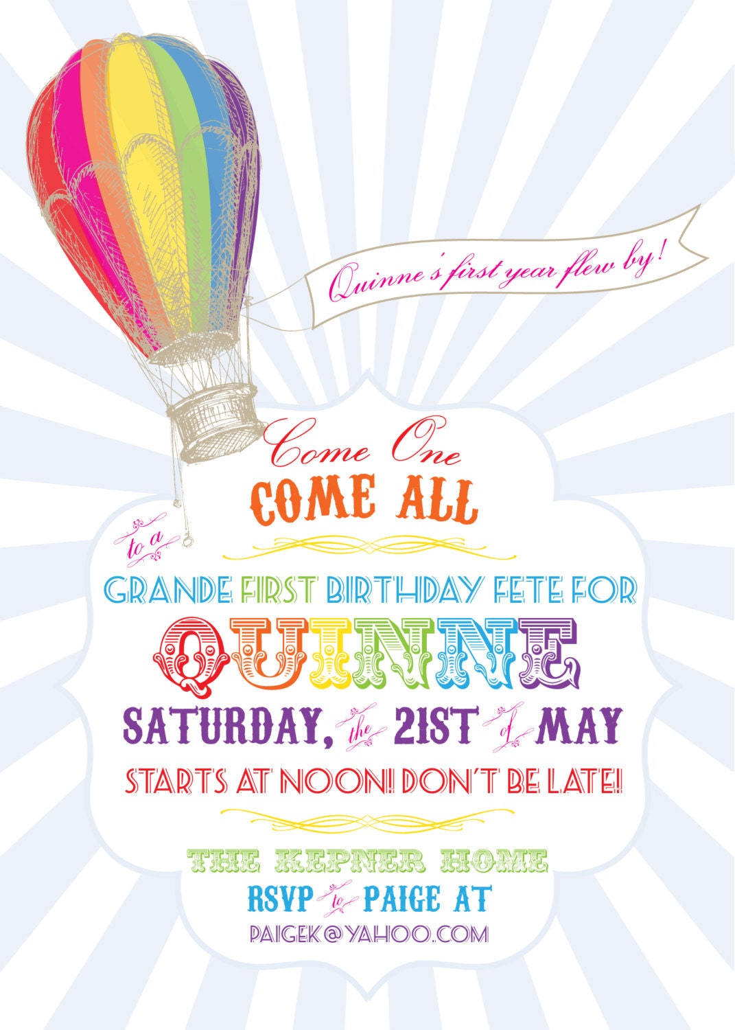 Rainbow Hot Air Balloon Birthday Invitation- Printable