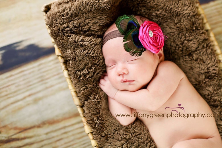 Peacock Feather Headband - Baby Flower Headband - Infant Flower Headband - Gorgeous Hot Pink Rosette with Peacock Feathers