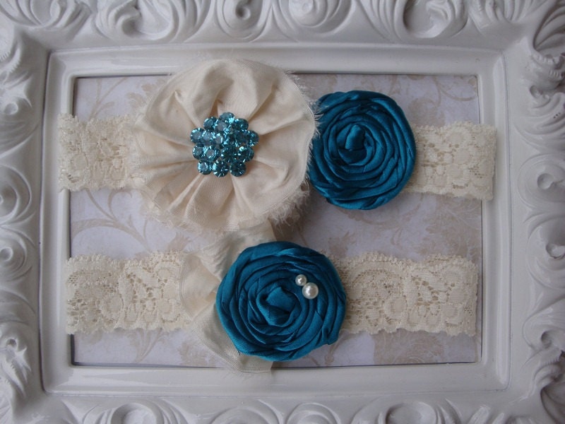 Wedding Garter - Bridal Garter - Teal Blue and Ivory Rosette Garter and Toss Garter Set