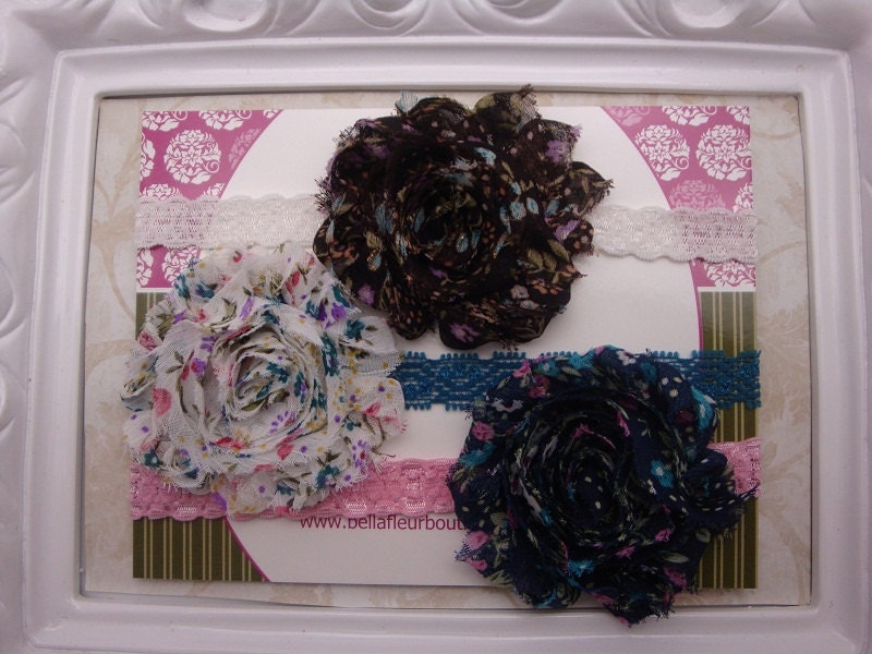 Baby Flower Headband - Newborn Headband - Photography Prop - Set of 3 Vintage Shabby Chic Flowers on Lace Headbands