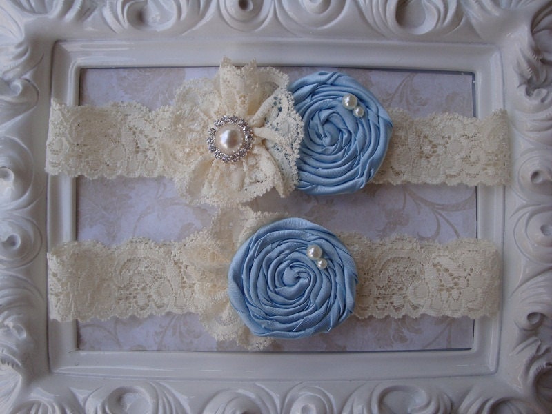 Wedding Garter - Bridal Garter - Ivory and Light Blue Rosette Garter and Toss Garter Set