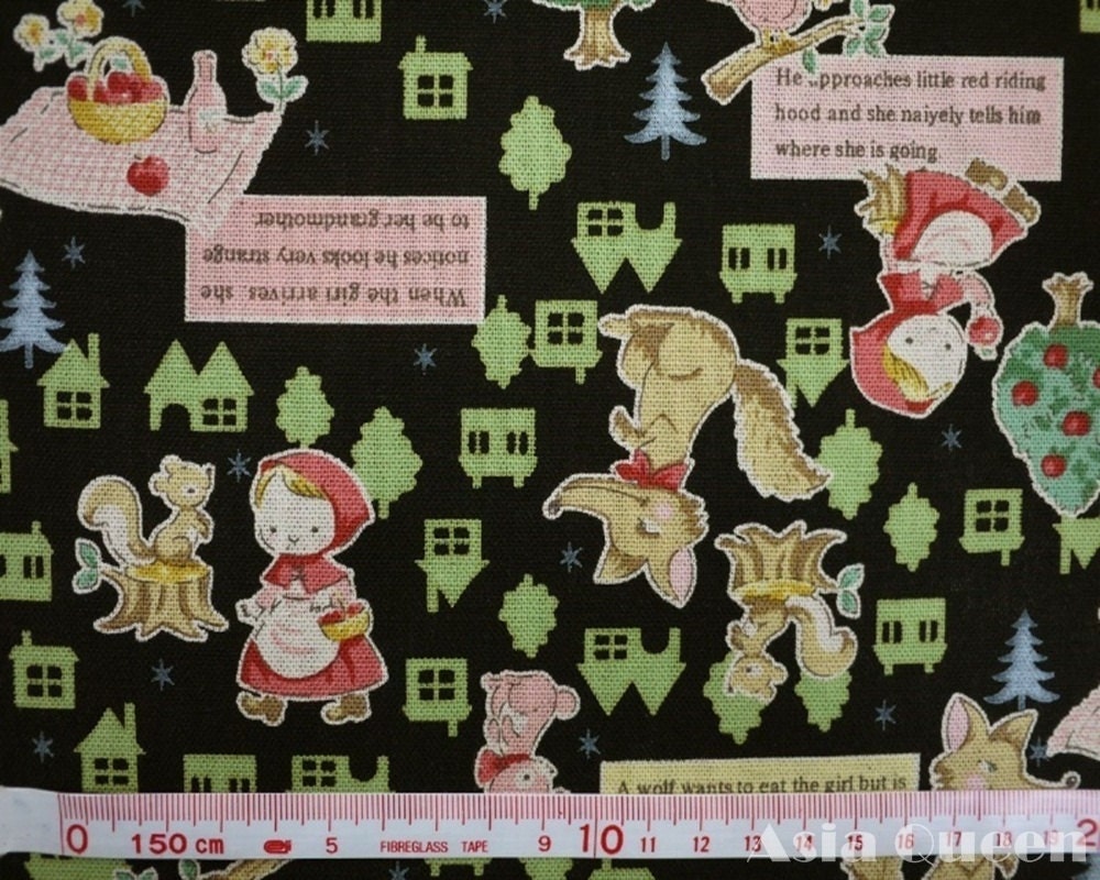 Fairy tale - The Little red riding hood picnic - black - 1 yard - cotton linen