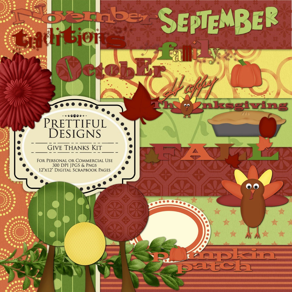 Thanksgiving Digital Scrapbooking Kit with Papers, Elements and Word Art - (64) (166) (397) Il_570xn