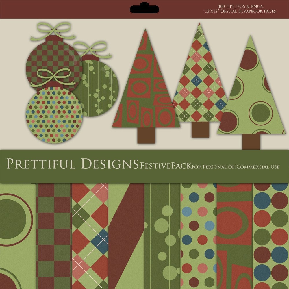 Digital Paper Pack and Elements Kit - Festive (359) Il_570xn