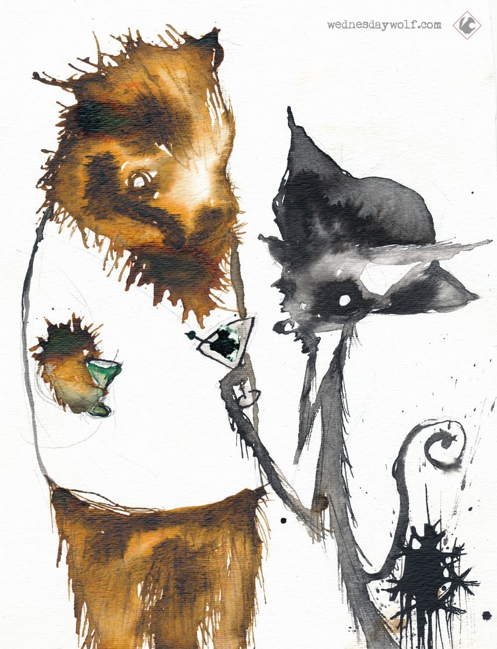 Cat and a Bear Drinking a Martini - Matte Print - 8"x11"