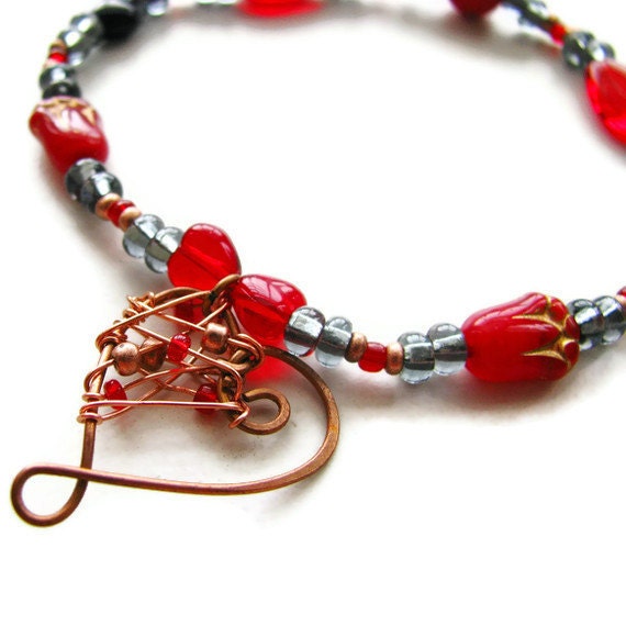 Hammered Heart Stretch Bracelet With Wire Wrapped Heart Charm in Red Blue or Green CLEARANCE - heversonart