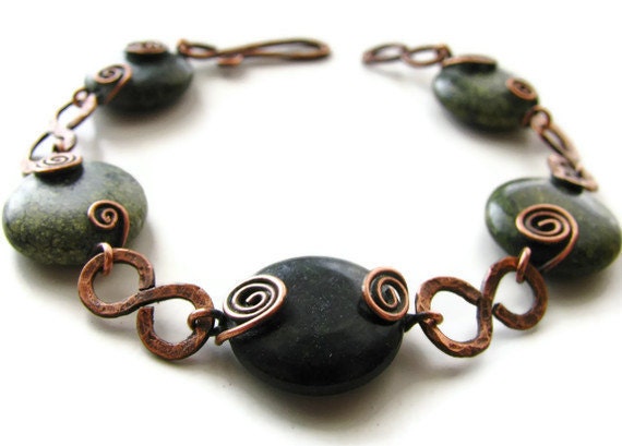 Russian Serpentine Bracelet Rustic Copper Wire Wrapped with Swirls -Moss - heversonart