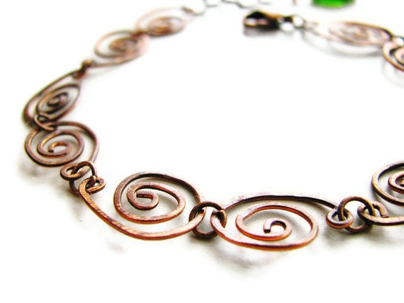 Copper Coil Bracelet with Czech Glass Leaf Hand Forged - heversonart