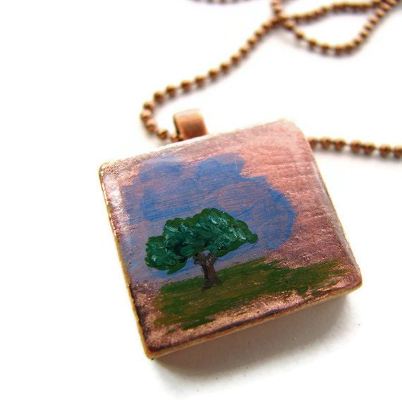 Apple Tree Necklace Hand Painted Vintage Scrabble Tile with Copper Leaf - heversonart