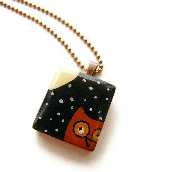 Owl Scrabble Tile Necklace Hand Painted Vintage Tile -Hoot at the Moon - heversonart
