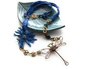 Blue Wire Wrapped Dragonfly Statement Necklace with Sari Silk Ribbon and Hammered Brass Chain- Dragonfly Summer - heversonart