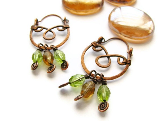 Gypsy Hoop Earrings With Hammered Copper and Olive and Brown Czech Glass Beads - heversonart