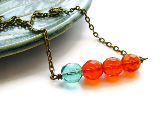 Teal and Tangerine Bar Necklace in Antique Brass with Czech Glass Fire-Polished Beads - heversonart