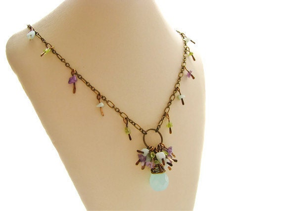 Gemstone Briolette Necklace in Bohemian Style with Amethyst, Peridot, Amazonite and Wire Wrapped Sea Blue Quartz OOAK - Iris Bloom