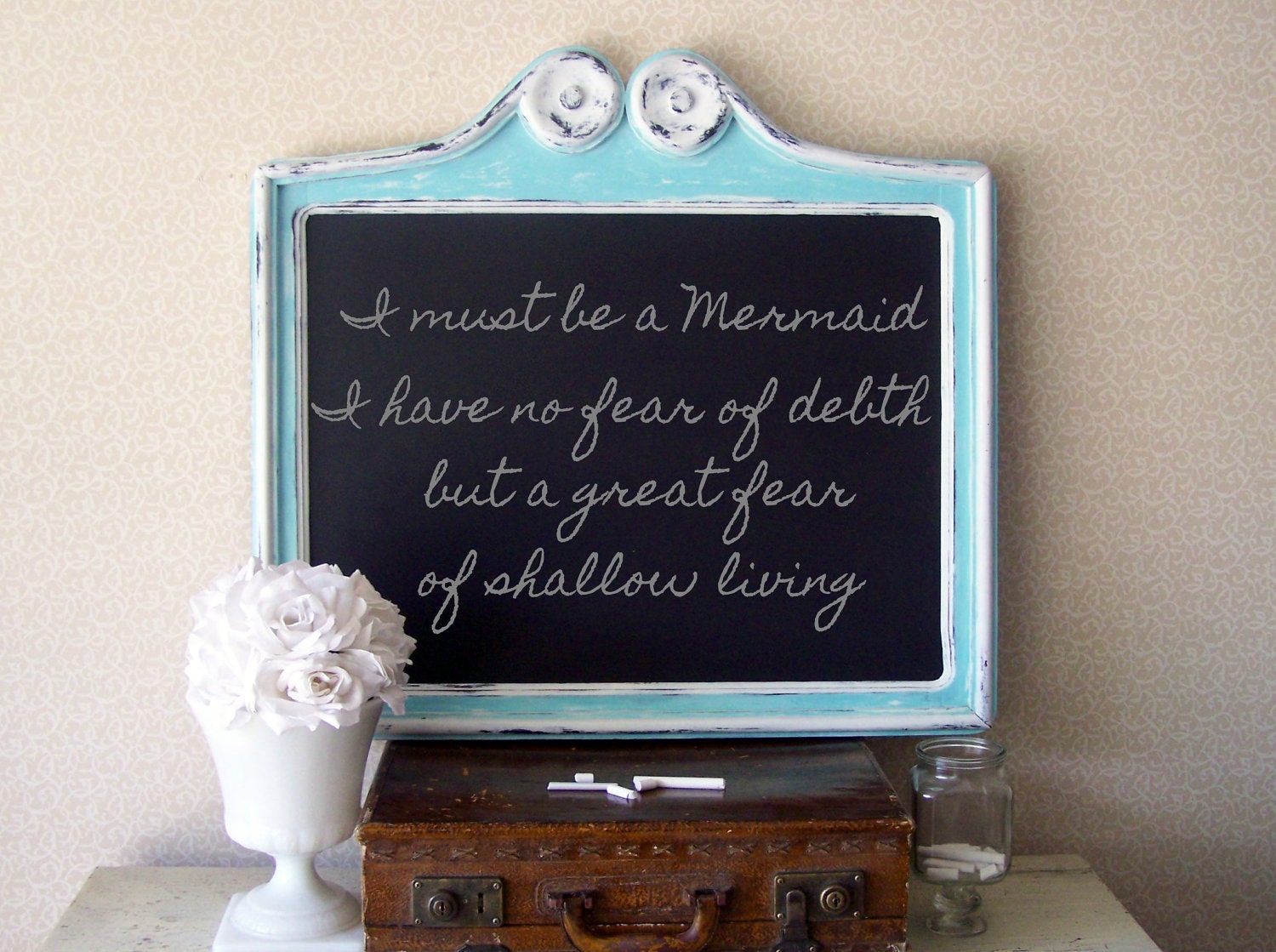 Antique Framed Chalkboard, Mermaid, Beach Cottage Frame, Wedding Chalkboard,