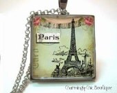 Paris Eiffel Tower Vintage Inspired Glass Tile (95) Square Silver Pendant wth Domed Glass Tile Charm Pendant Scrabble tile inspired