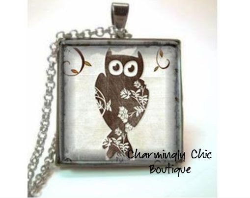 Vintage Inspired Owl Pendant Necklace (068) in a Square Silver Pendant Setting with Glass Tile
