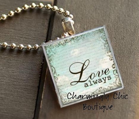 Love Always Necklace Glass Tile Charm (310) in a Square Silver Pendant Tray
