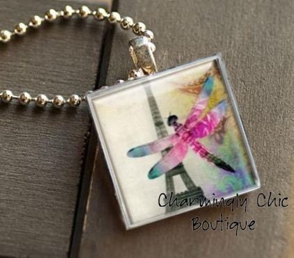 Paris Eiffel Tower with Dragonfly Vintage Inspired Glass Tile (93) Square Silver Pendant wth Domed Glass Tile Charm Pendant Scrabble tile inspired