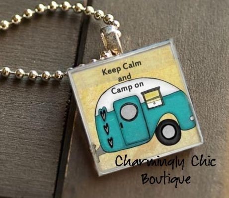Keep Calm and CAMP ON Charm Necklace (400) in a Square Silver Pendant Tray