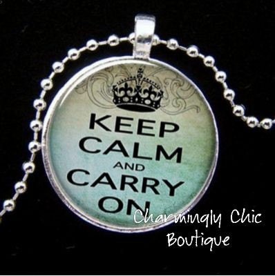 Vintage Inspired Aqua Keep Calm and Carry On (164) Necklace with Domed Glass