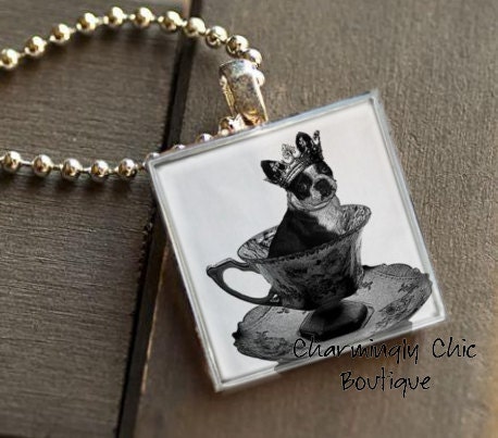 Vintage Boston Terrier Dog in Teacup Pendant (183) in a Silver Square tray with Glass Tile