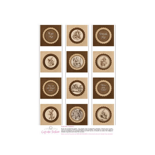DIY Printable Vintage Alice in Wonderland Inspired Cupcake Toppers PDF File