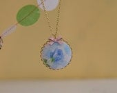 Vintage Fabric Necklace. Aqua Gingham Roses