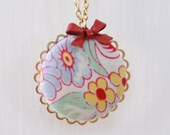Vintage Hanky Necklace. Bright Floral. Fabric Pendant