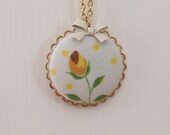 Vintage Fabric Necklace. Yellow Roses and Polkadots