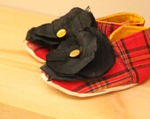 BOOTIES--red plaid with black silk flower