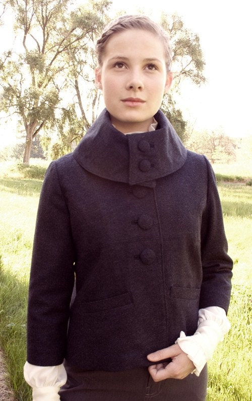 Women's high collar navy wool herringbone jacket