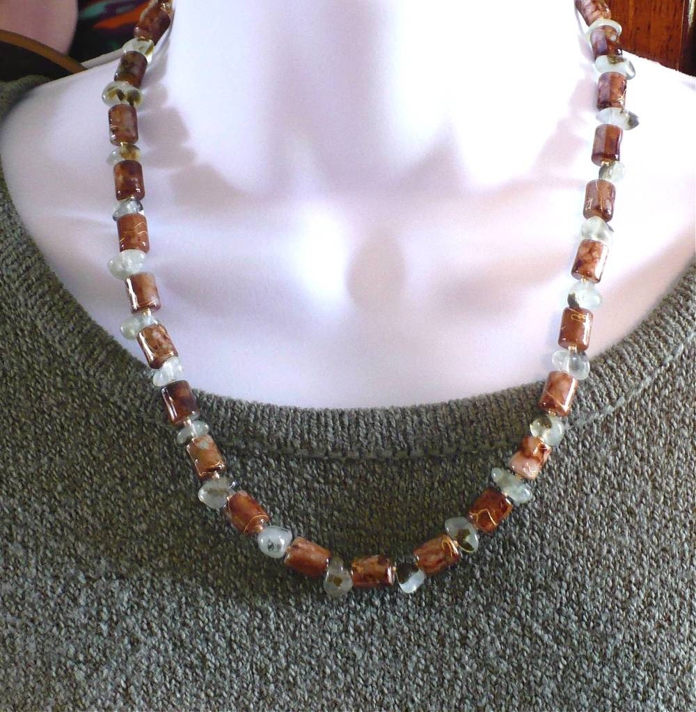 Green Prehnite, Brown Ceramic Bead Necklace