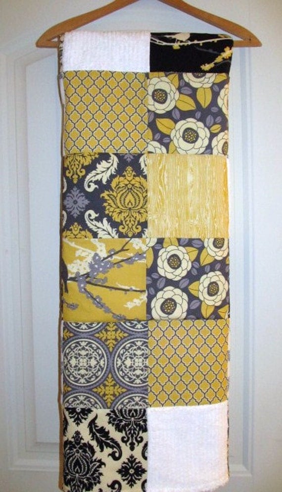 Baby Blanket  Aviary Yellow, Gray, Black and White Patchwork Baby Blanket / Quilt - Cotton Desinger Fabric, Chenille and Flannel
