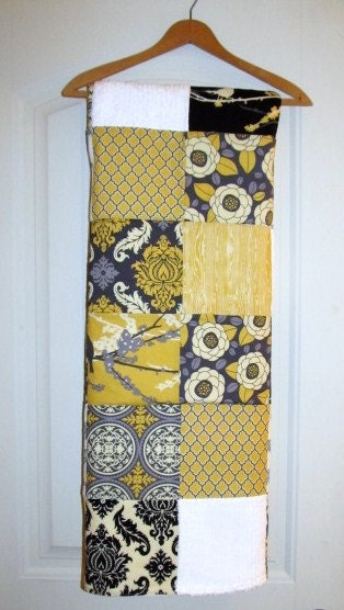 Baby Blanket  Aviary Yellow, Gray, Black and White Patchwork Baby Blanket / Quilt - Cotton Desinger Fabric, Chenille and Flannel
