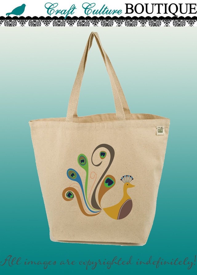 Canvas Tote Bag-Large Carry All Recycled Organic Tote- Peacock-Full Color