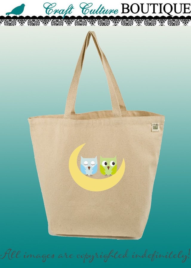 Canvas Tote Bag-Large Carry All Recycled Organic Tote- Quiet Night, two owls on moon