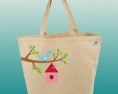 Canvas Tote Bag-Large Carry All Recycled Organic Tote- Tweet Life-Bird In a Birdhouse