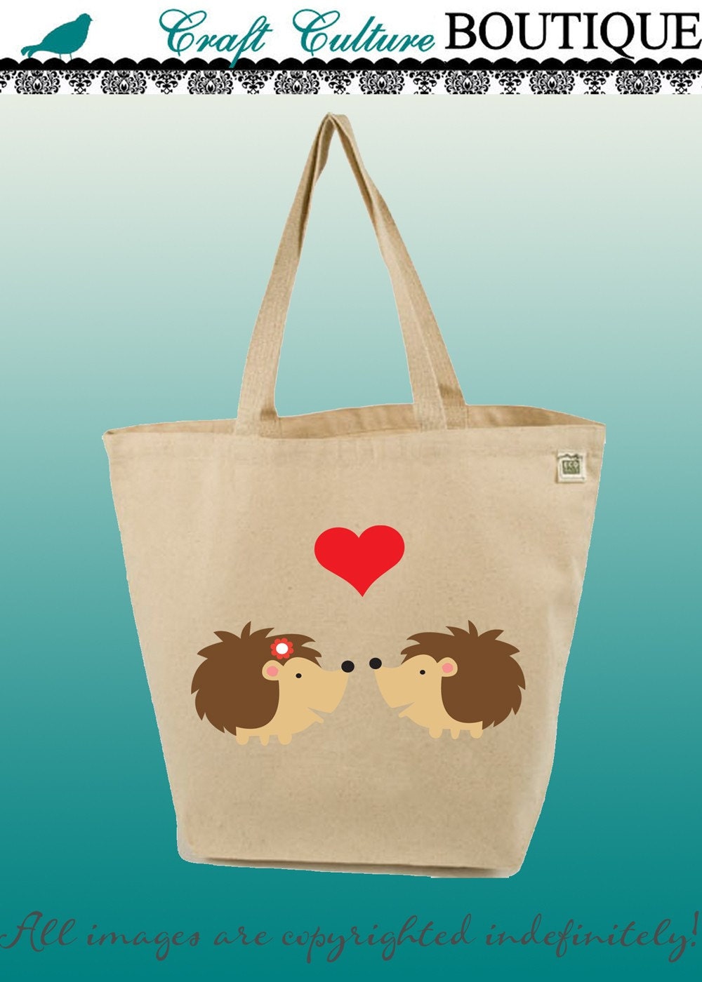 Canvas Tote Bag-Large Carry All Recycled Organic Tote- Sweet Love-Woodland-Hedge Hogs-Love